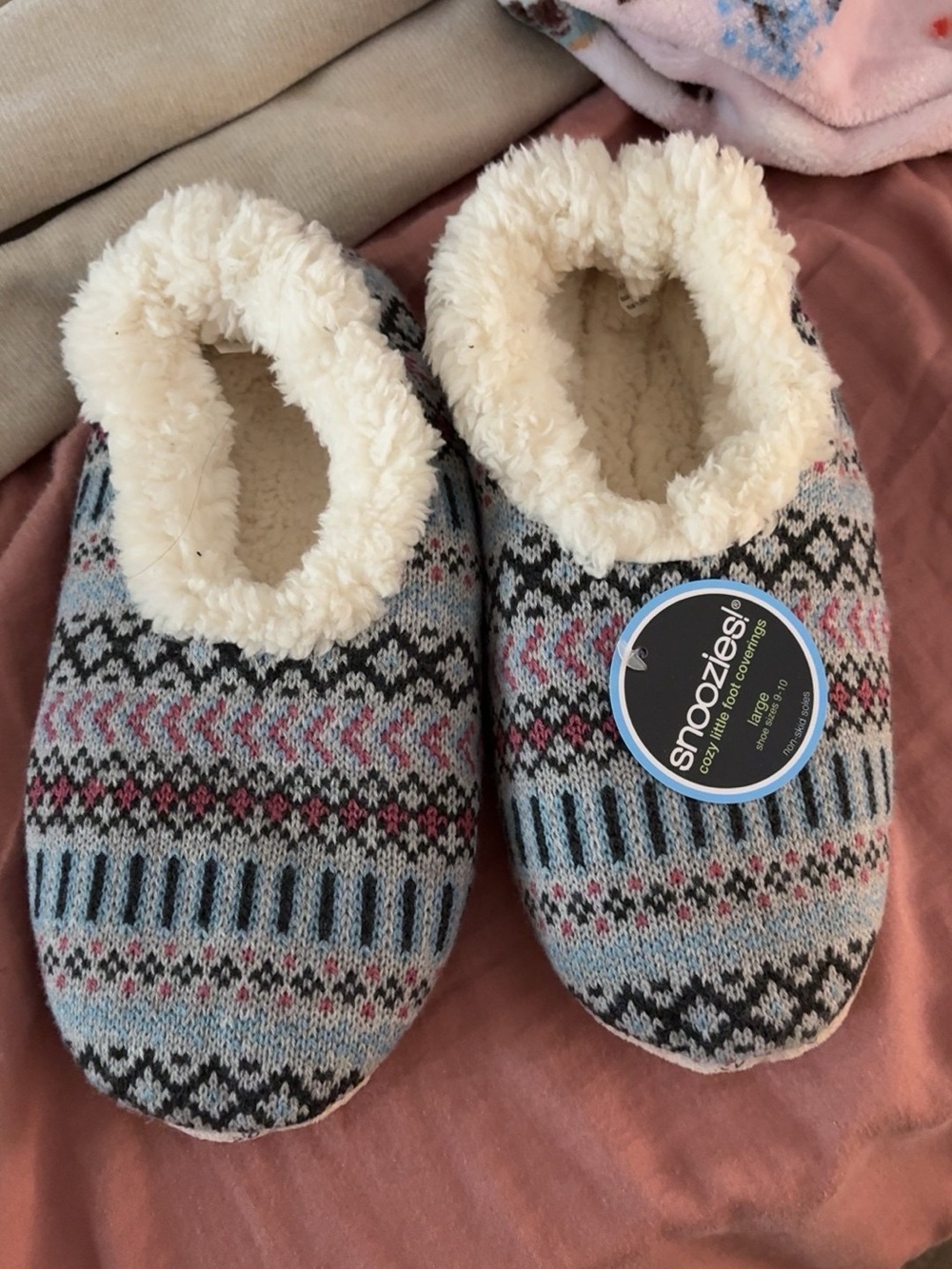 Womens Cozy Knit Slipper Socks - Cream & Light Blue Fair Isle 9-10